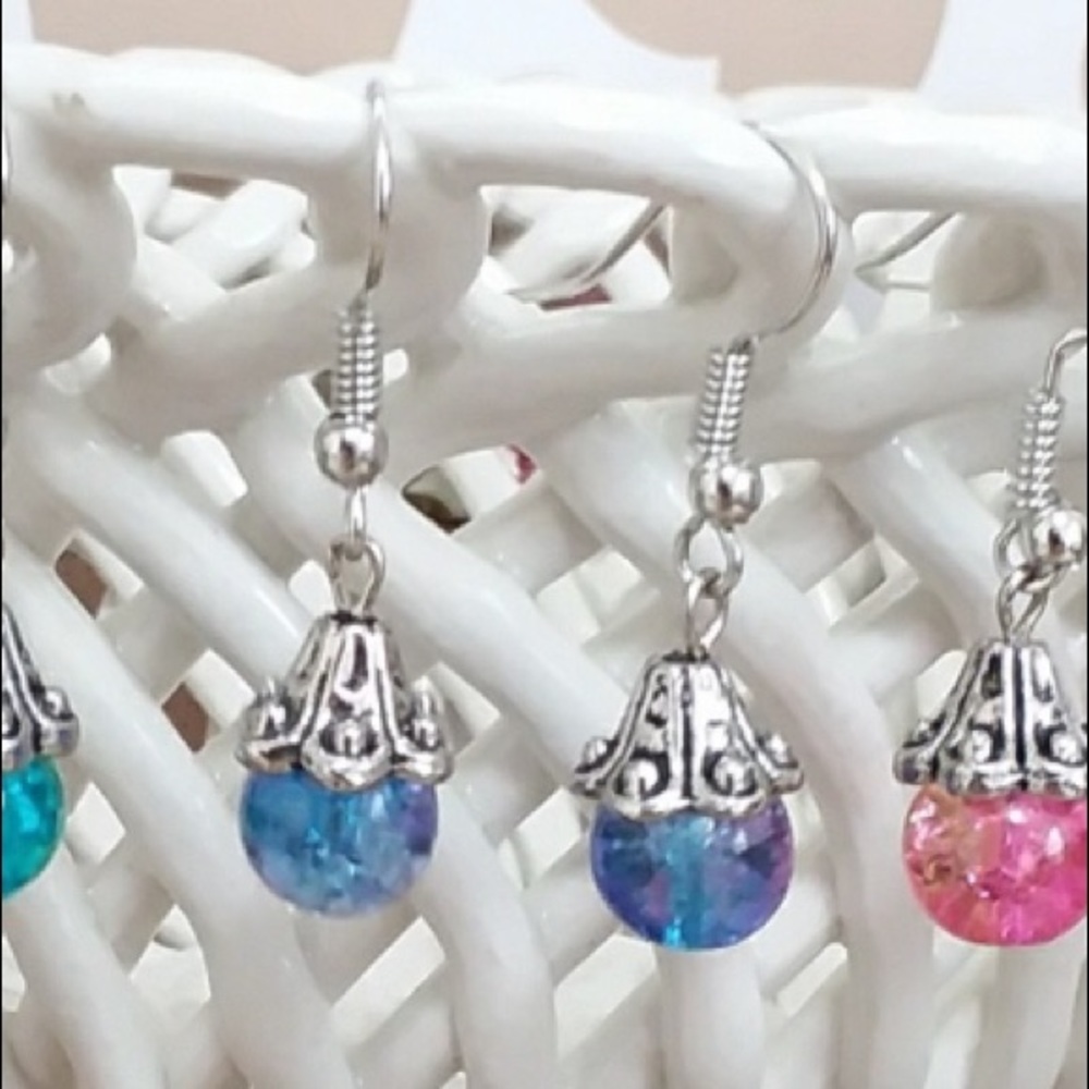 Crackle Glass Hook Earrings- Silvertone